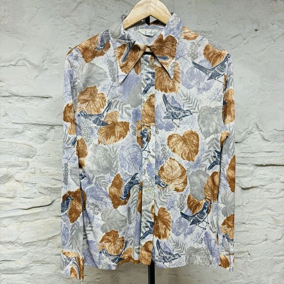 Vtg 70s Disco Bird & Leaf Print Shirt Accent Dagger Spread Collar Hippie Silky - Picture 1 of 6